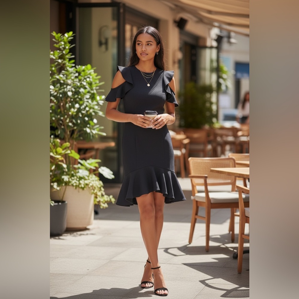 Cinq a Sept Elegant Navy Dress with Ruffle Detailing | size 4 | EUC - Picture 2 of 12